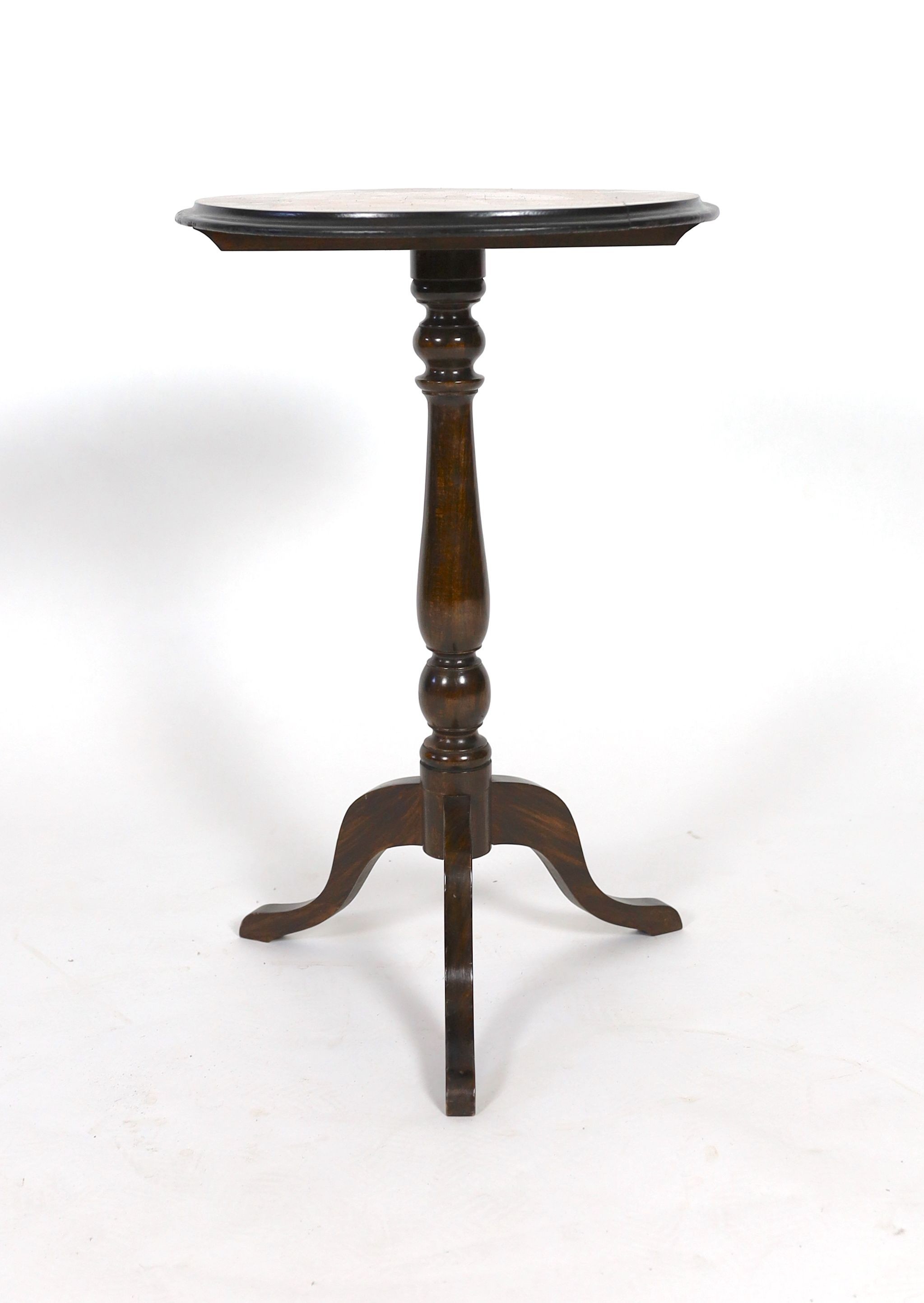 A Victorian and later parquetry inlaid walnut and beech circular tripod games table, diameter 44cm height 68cm